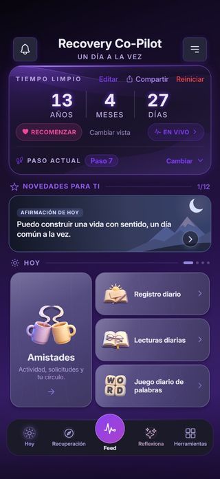 La pantalla de inicio de Recovery Co-Pilot