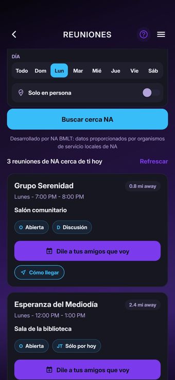 Pantalla de la app 2 de 10: Encuentra reuniones cerca de ti