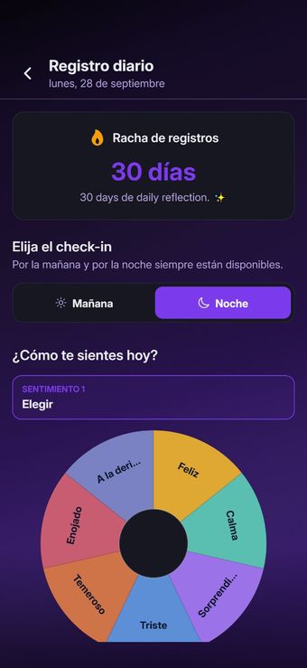 Pantalla de la app 4 de 10: Registra tu día y apóyate en otros