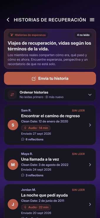 Pantalla de la app 10 de 10: Escucha historias de esperanza